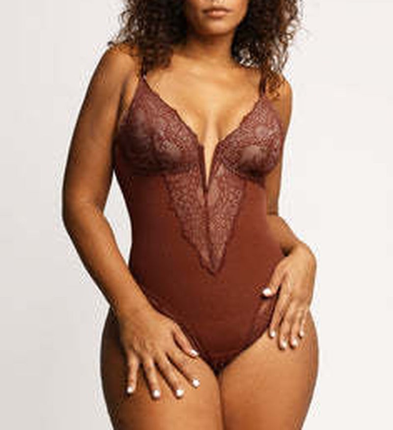 Lace Plunge Tummy Control Thong Shaping Bodysuit - Coffee