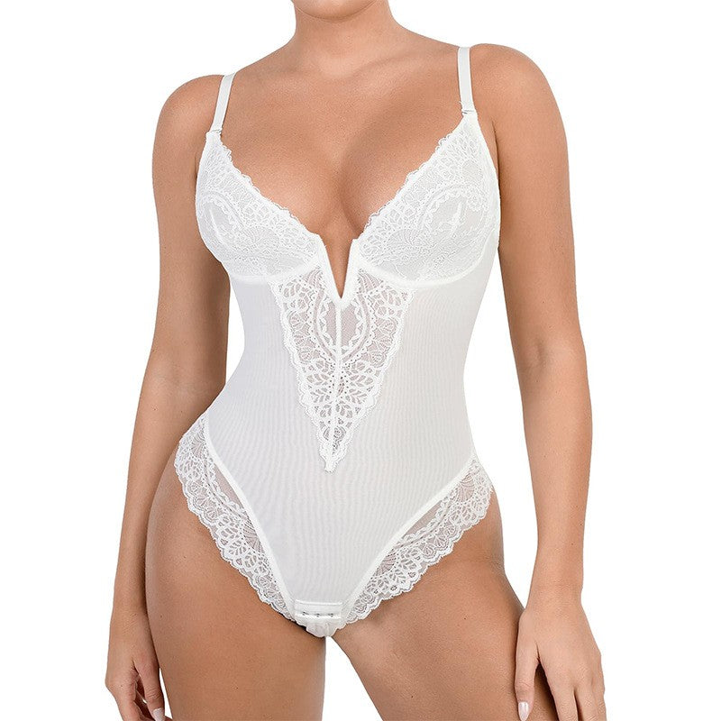 Lace Plunge Tummy Control Thong Shaping Bodysuit - White