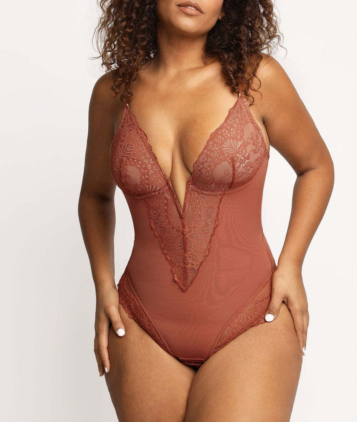 Lace Plunge Tummy Control Thong Shaping Bodysuit