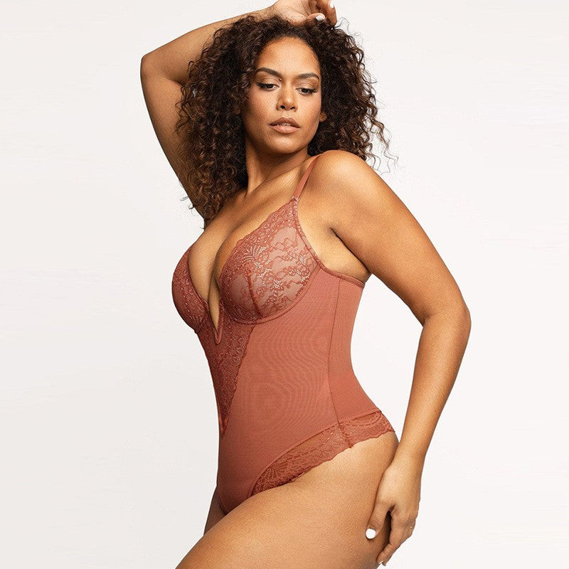 Lace Plunge Tummy Control Thong Shaping Bodysuit