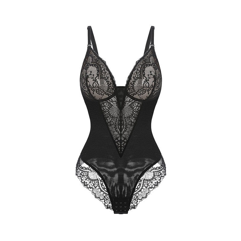 Lace Plunge Tummy Control Thong Shaping Bodysuit