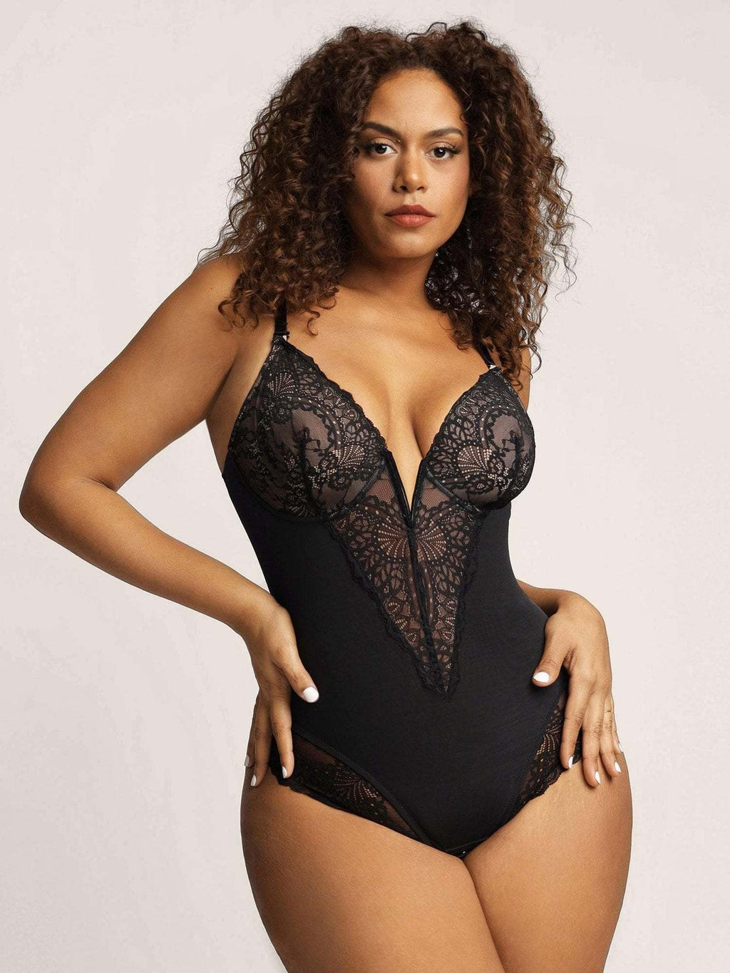 Lace Plunge Tummy Control Thong Shaping Bodysuit