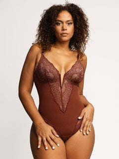 Lace Plunge Tummy Control Thong Shaping Bodysuit