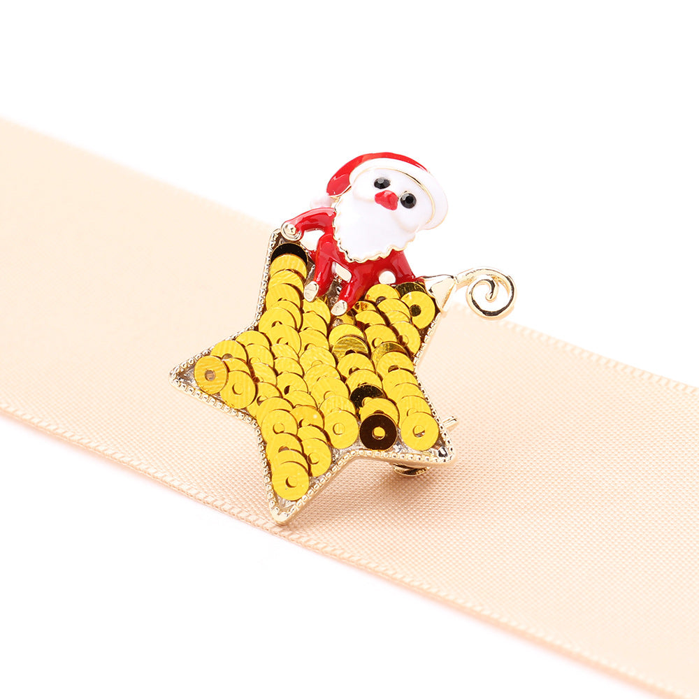 Sequin Star Santa Christmas Brooch - Gold