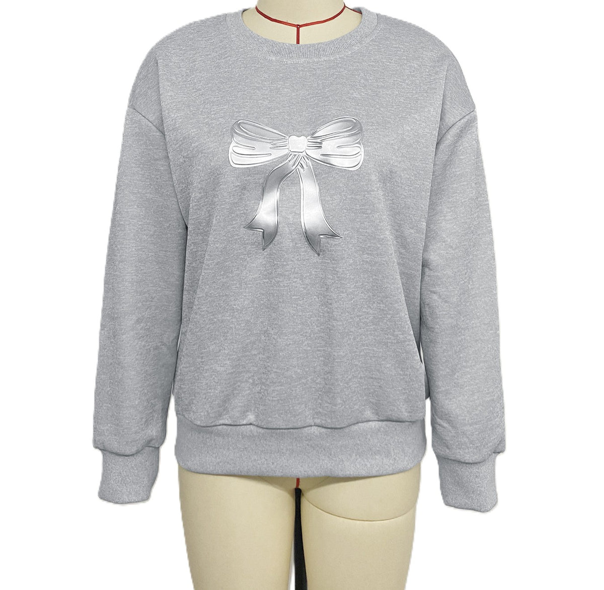 Oversized Crewneck Sweatshirt With Bow Graphic - Grey - 1