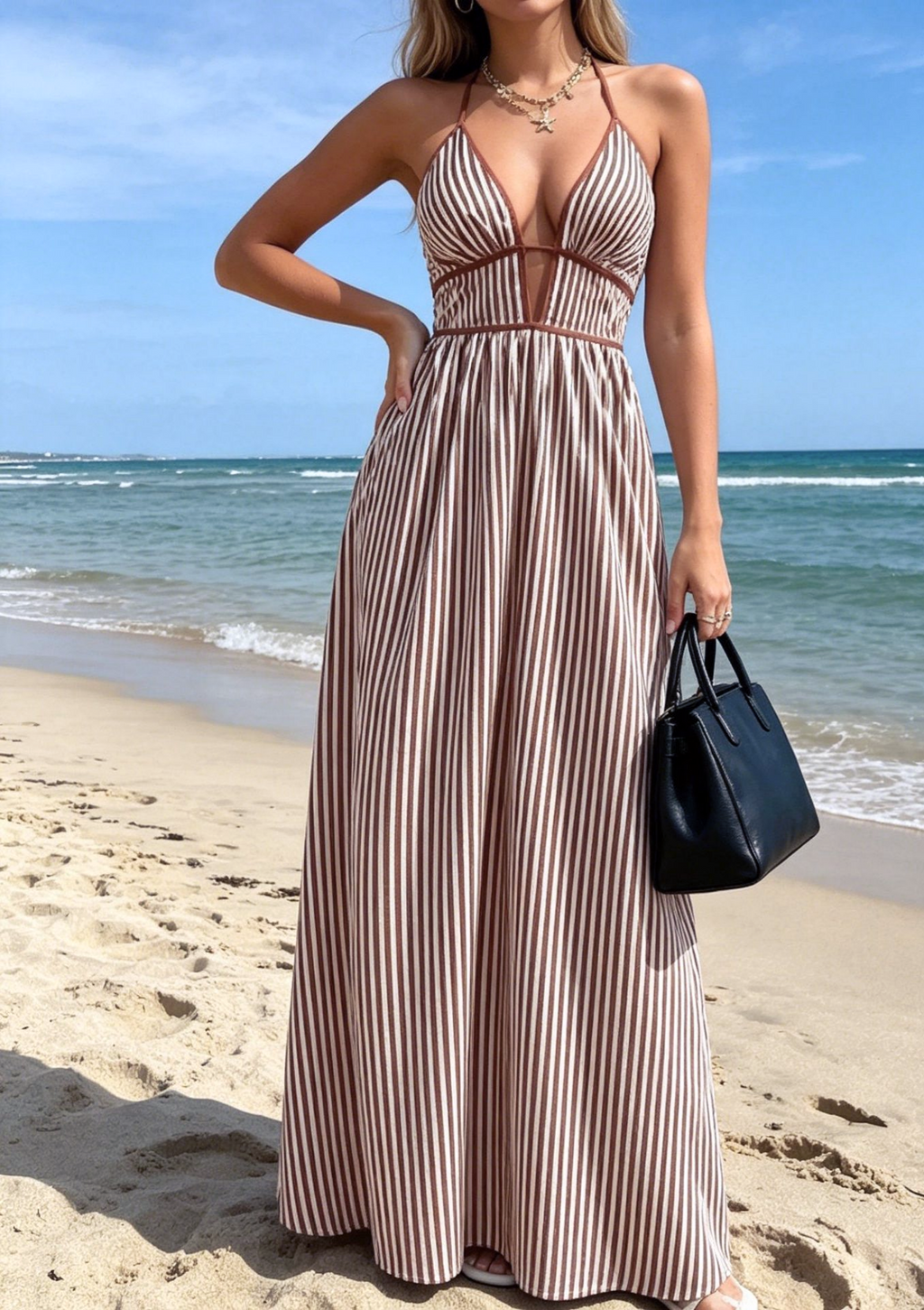Striped Halter Sundress With Smocked Back - Coffee