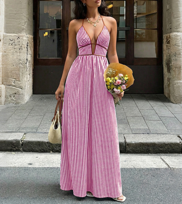 Striped Halter Sundress With Smocked Back - Rose_red