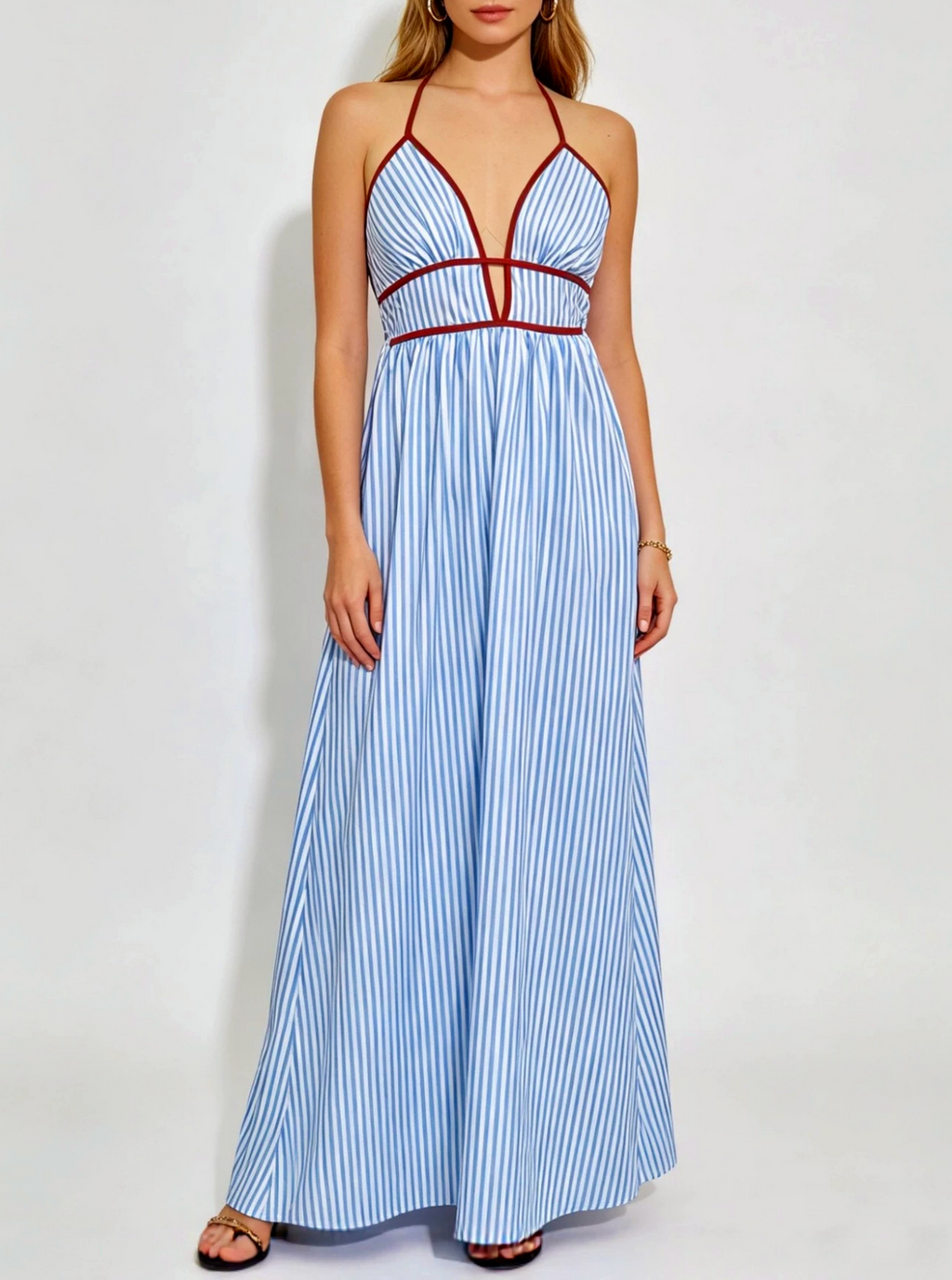 Striped Halter Sundress With Smocked Back - SkyBlue