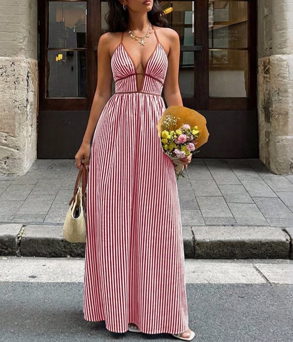 Striped Halter Sundress With Smocked Back - Wine_red