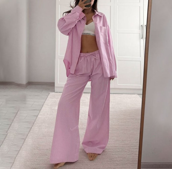 Striped Oversized Shirt And Trousers Set - Pink-1