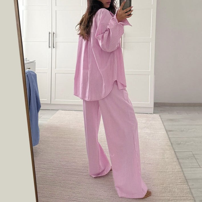 Striped Oversized Shirt And Trousers Set - Pink-1 - 1