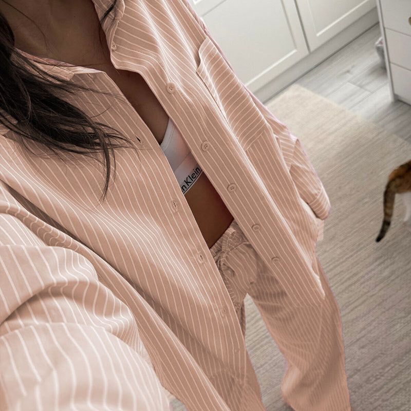 Striped Oversized Shirt And Trousers Set - Pink-2