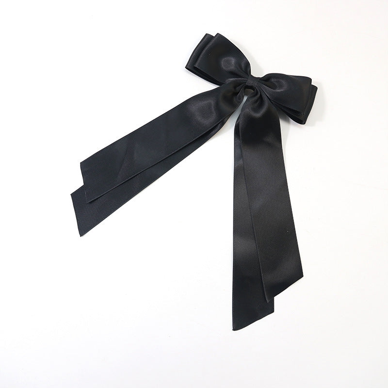 Satin Bow Barrette With Long Ribbon Tails - Black