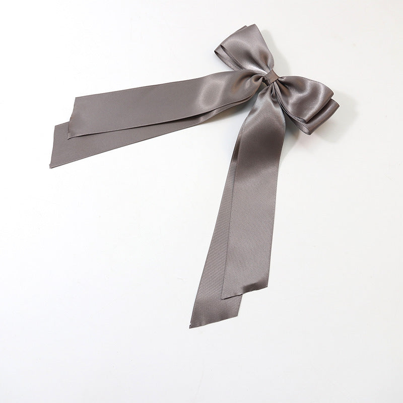 Satin Bow Barrette With Long Ribbon Tails - DarkGrey