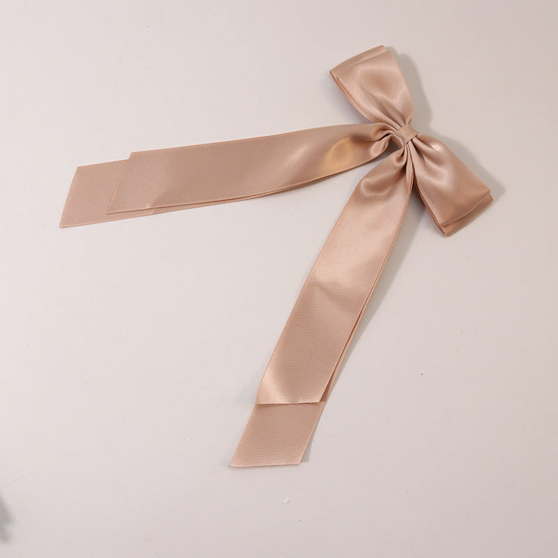 Satin Bow Barrette With Long Ribbon Tails - GoldPink