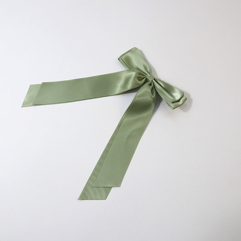 Satin Bow Barrette With Long Ribbon Tails - Green