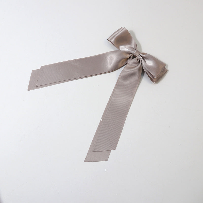 Satin Bow Barrette With Long Ribbon Tails - Grey