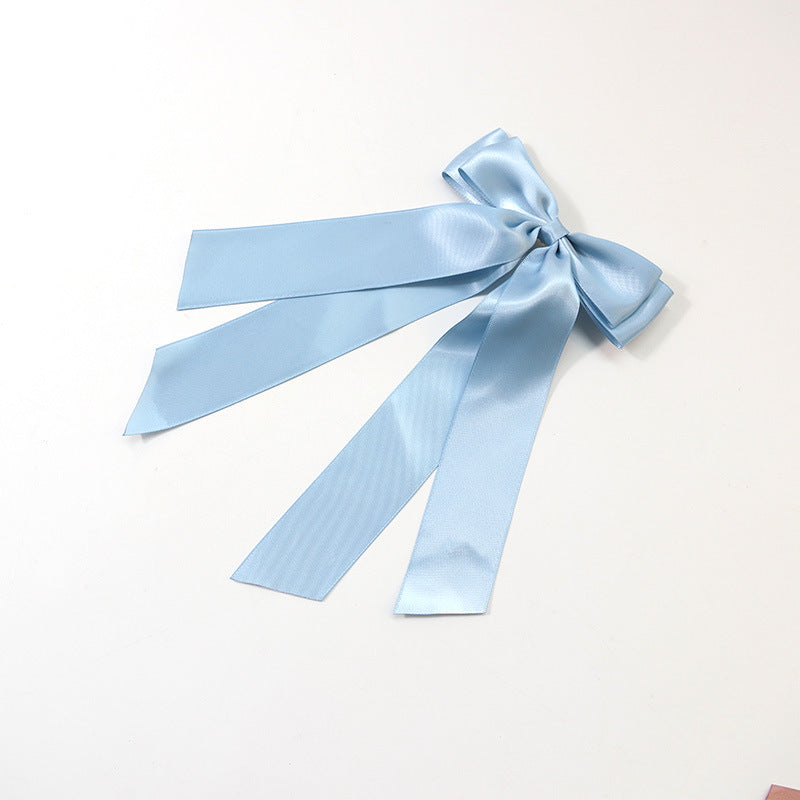 Satin Bow Barrette With Long Ribbon Tails - LakeBlue