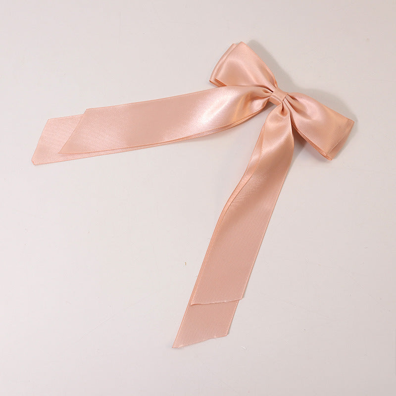 Satin Bow Barrette With Long Ribbon Tails - Peach