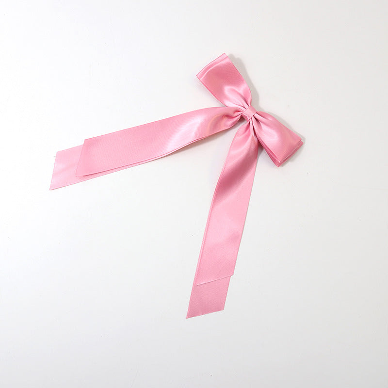 Satin Bow Barrette With Long Ribbon Tails - Pink