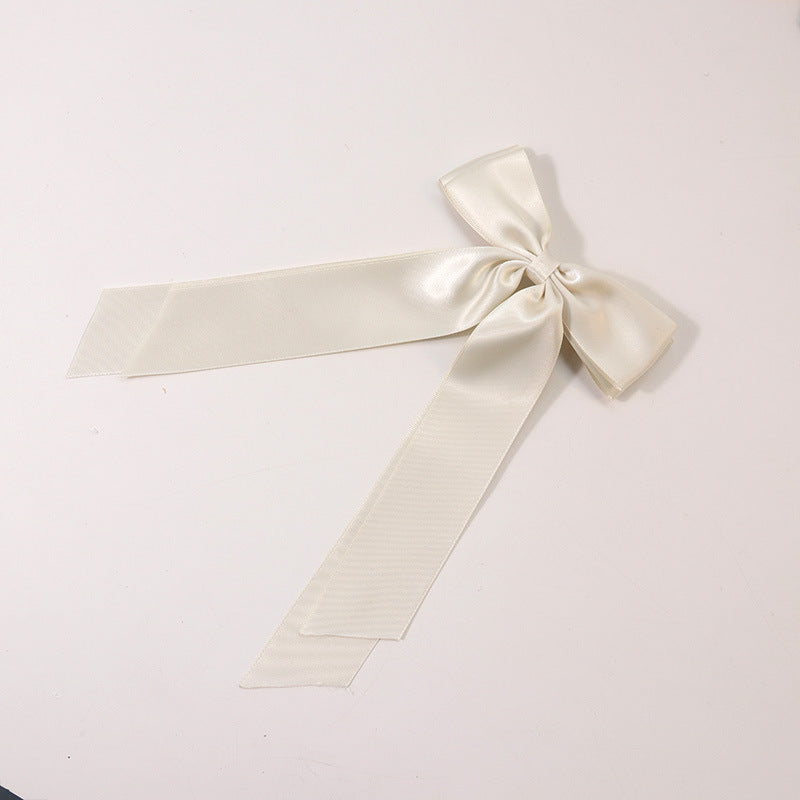 Satin Bow Barrette With Long Ribbon Tails - White