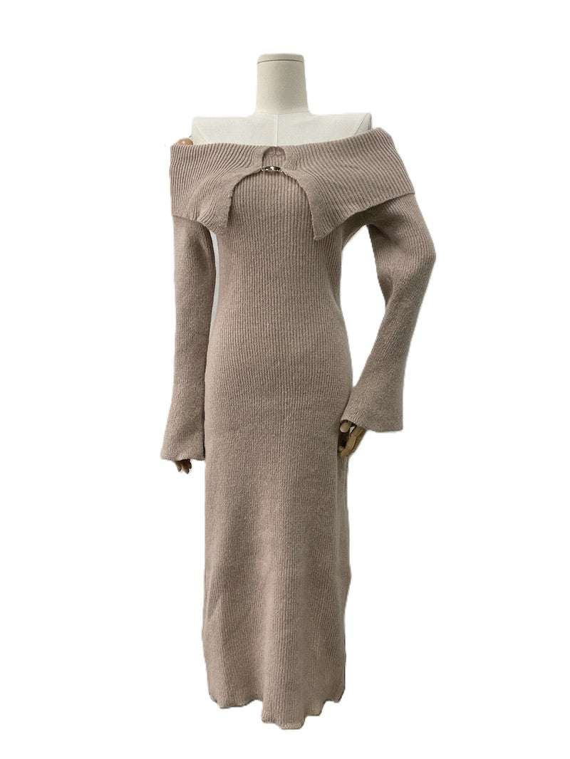 Off Shoulder Ribbed Knit Midi Dress - Apricot