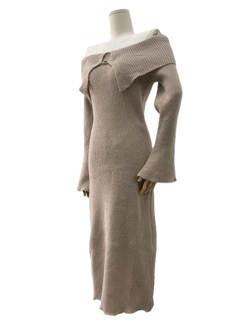 Off Shoulder Ribbed Knit Midi Dress - Apricot - 1