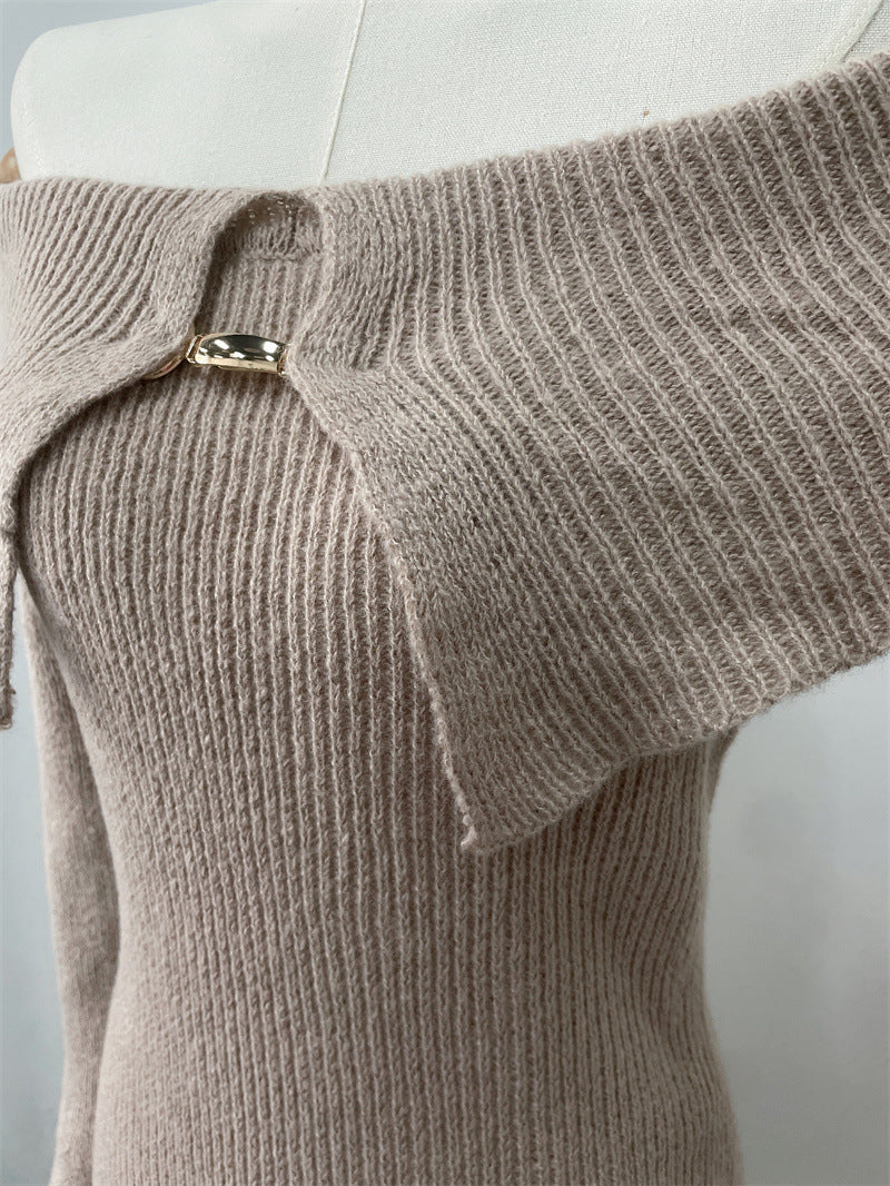 Off Shoulder Ribbed Knit Midi Dress - Apricot - 2