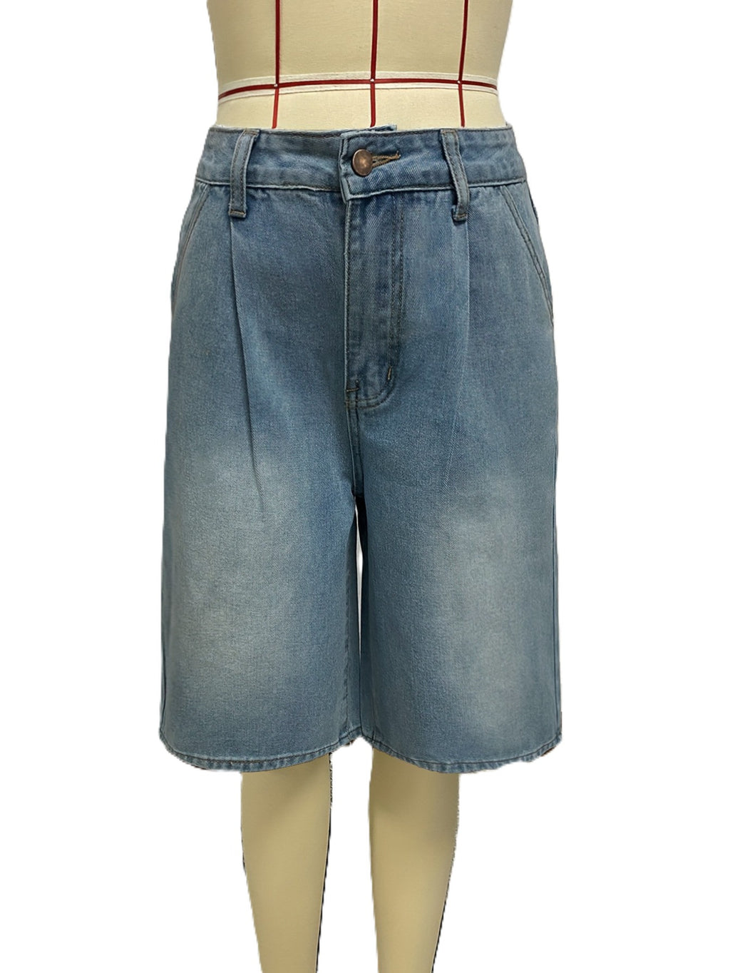 Pleated Front Longline Baggy Denim Shorts - Blue