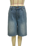 Pleated Front Longline Baggy Denim Shorts - Blue