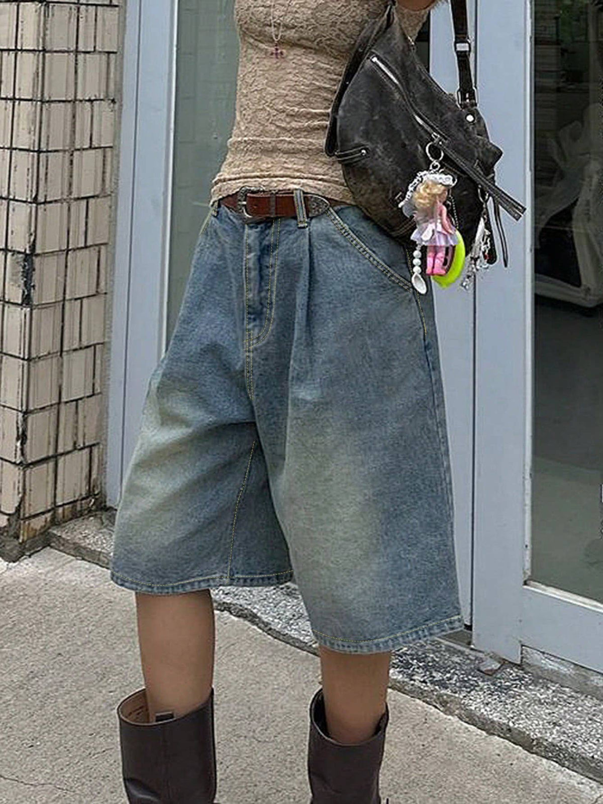 Pleated Front Longline Baggy Denim Shorts