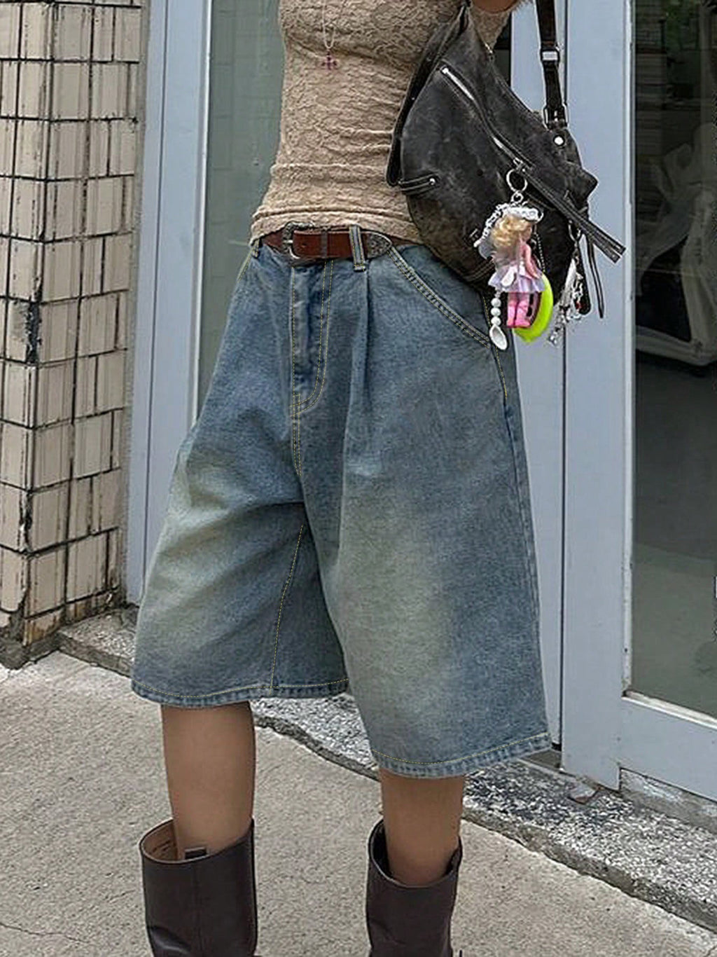 Pleated Front Longline Baggy Denim Shorts - view 1