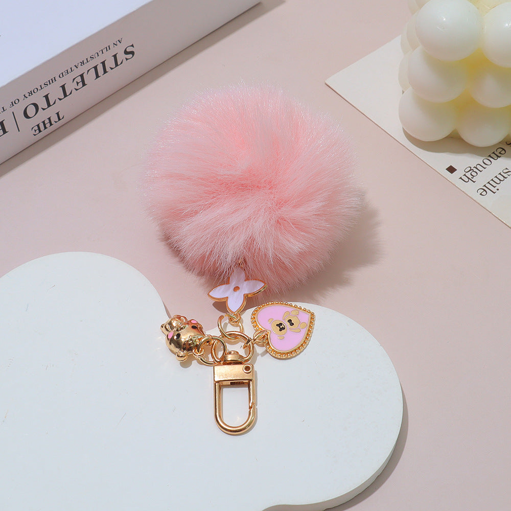 Faux Fur Pom Heart Bear Keyring - Pink