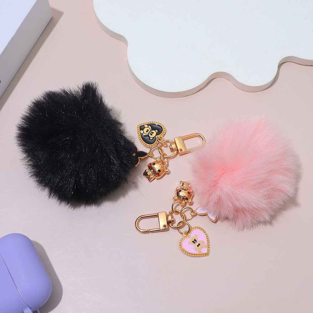Faux Fur Pom Heart Bear Keyring