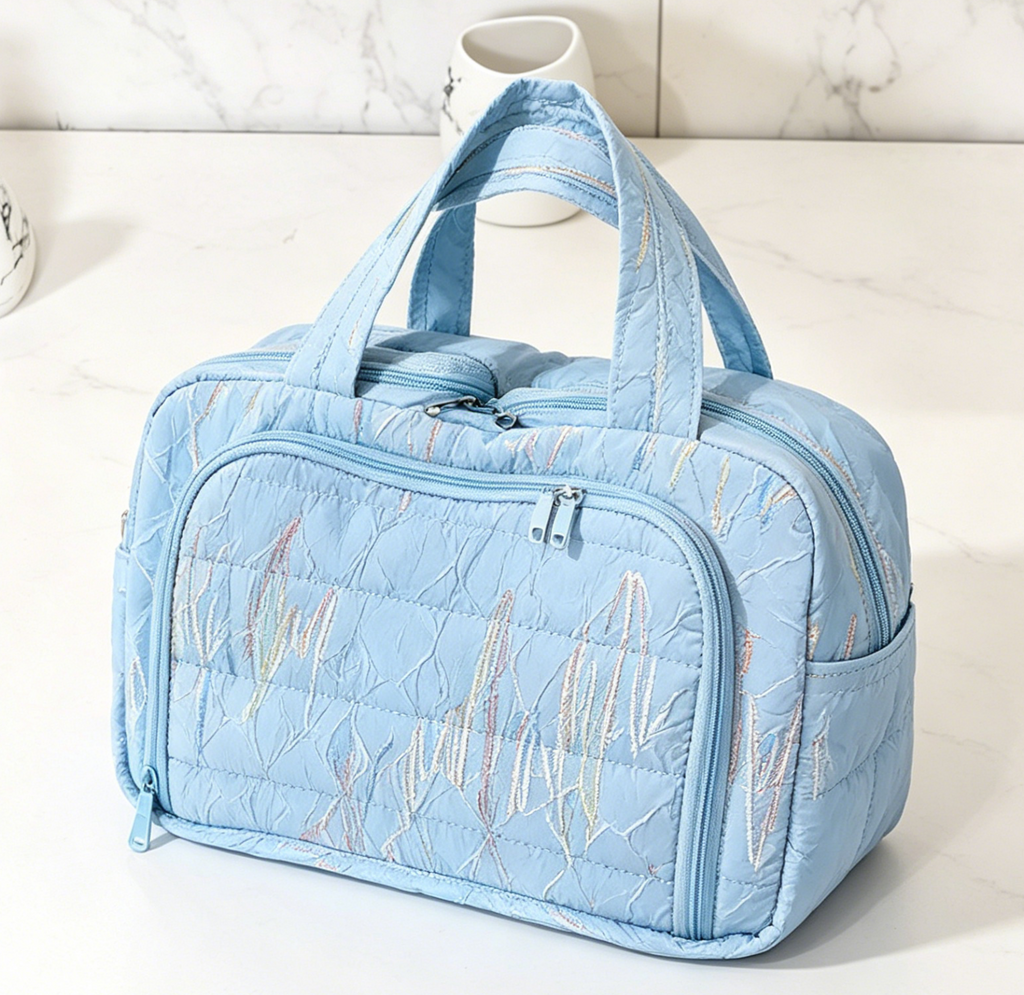 Checkered Quilted Zip Top Toiletry Bag - Blue