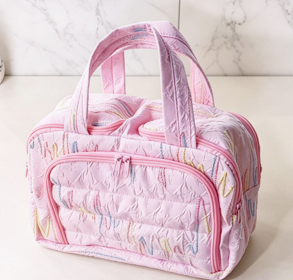 Checkered Quilted Zip Top Toiletry Bag - Pink