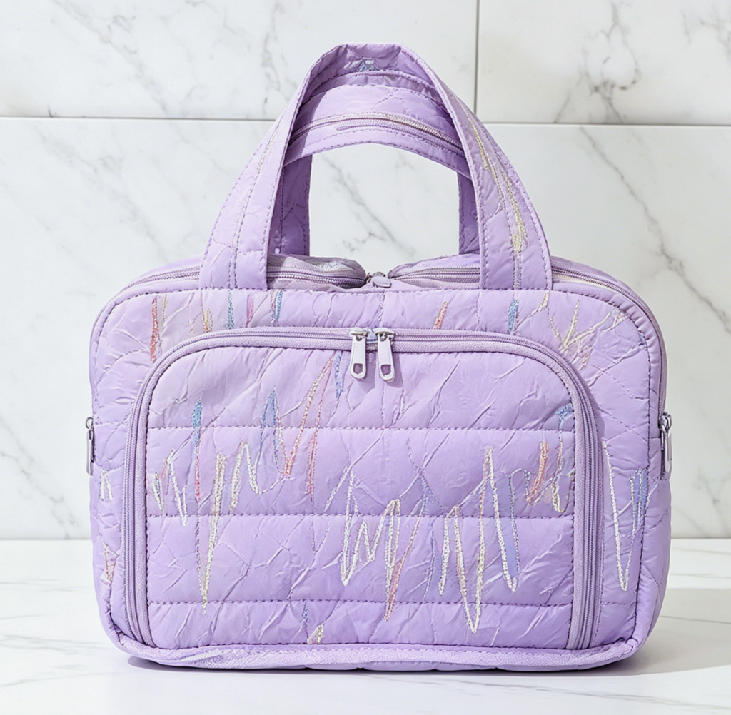Checkered Quilted Zip Top Toiletry Bag - Purple