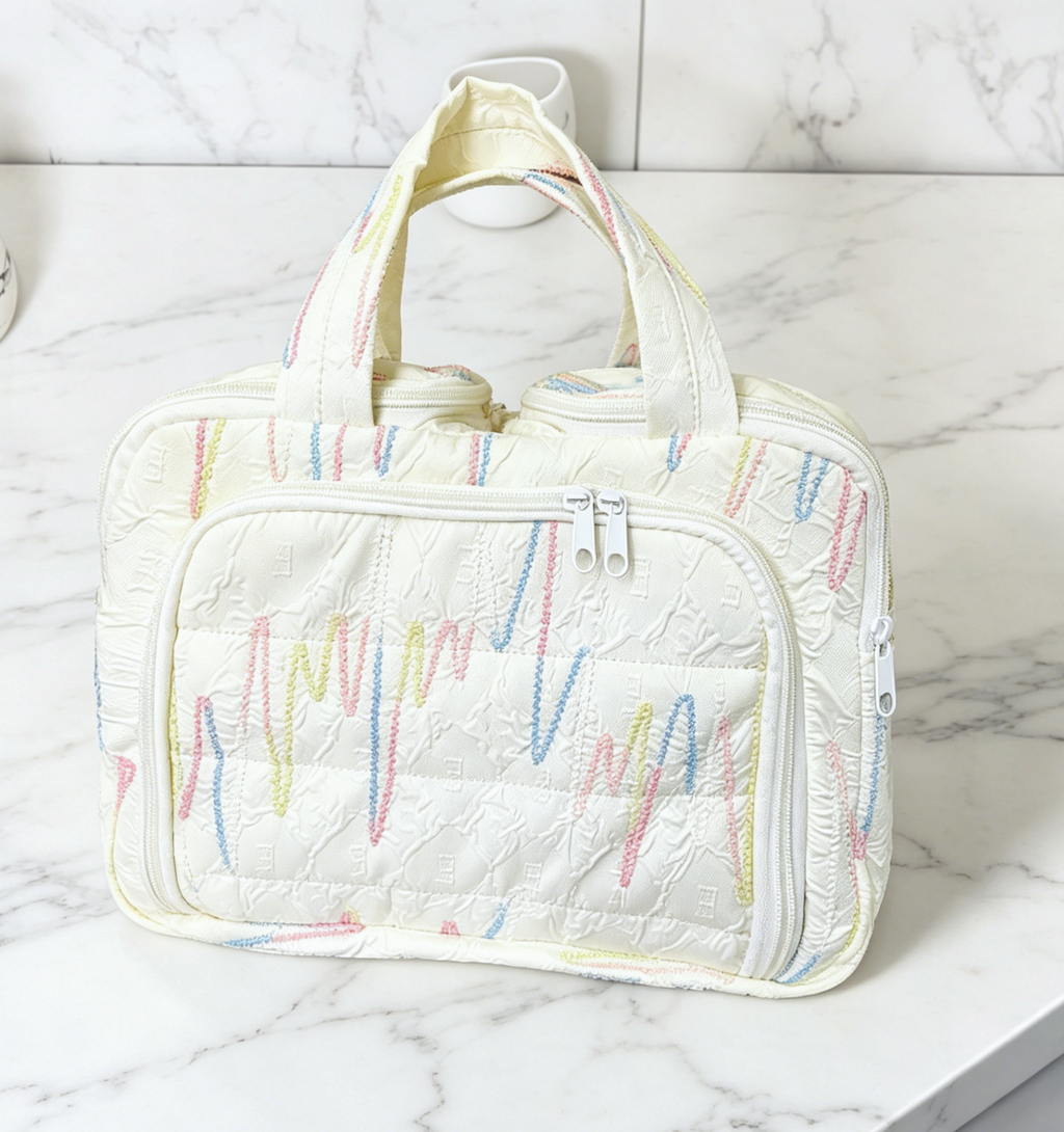 Checkered Quilted Zip Top Toiletry Bag - White