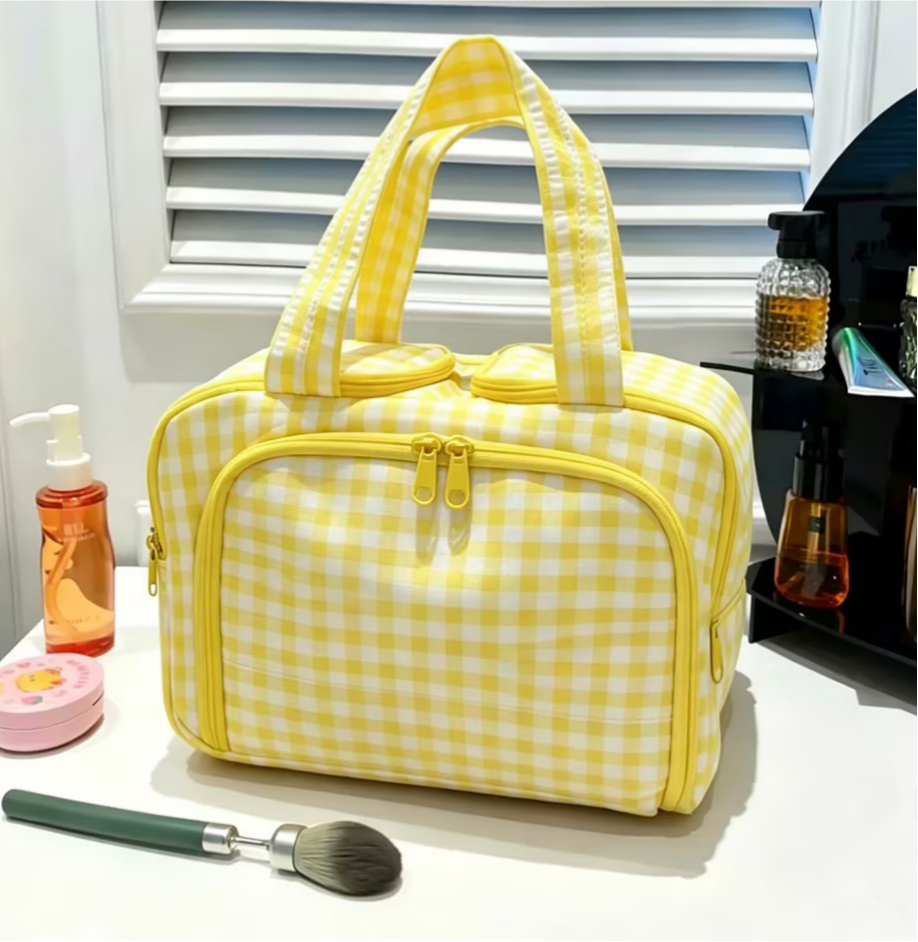 Checkered Quilted Zip Top Toiletry Bag - Yellow
