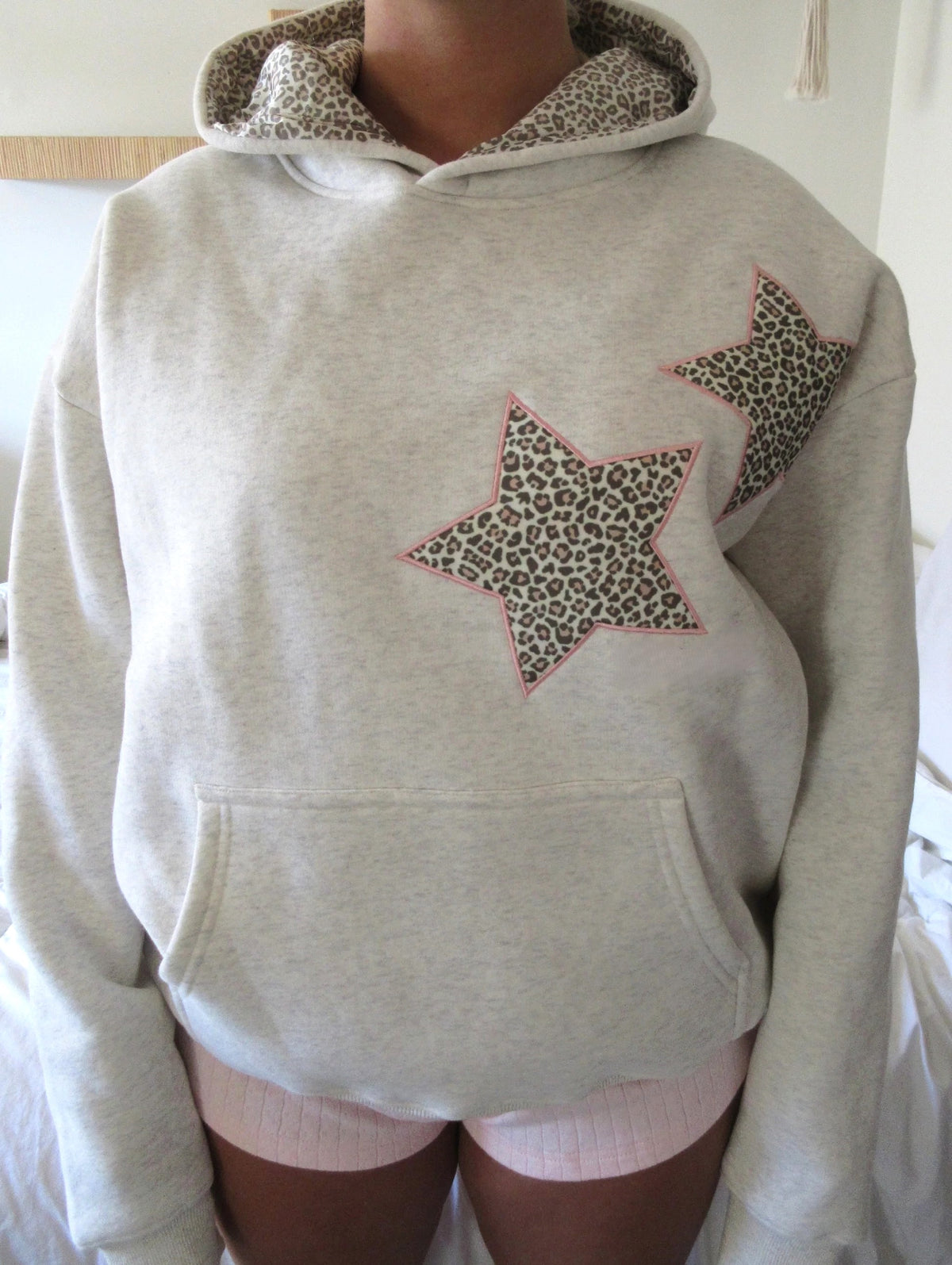Leopard Star Patch Oversized Hoodie - Grey