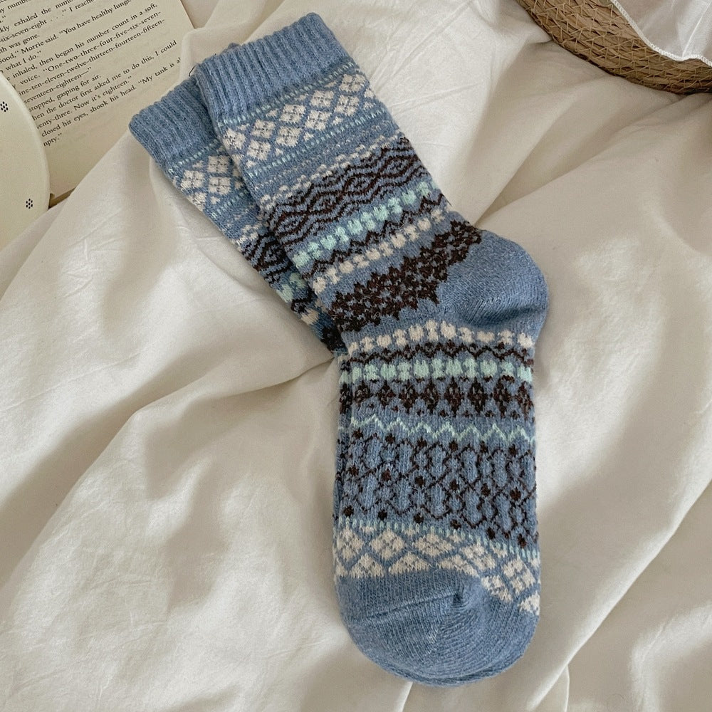 Fair Isle Textured Knit Vintage Crew Socks - Blue