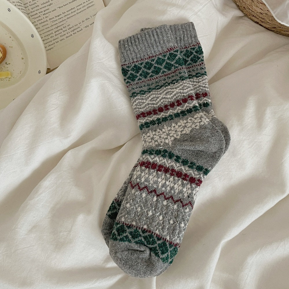 Fair Isle Textured Knit Vintage Crew Socks - DarkGrey