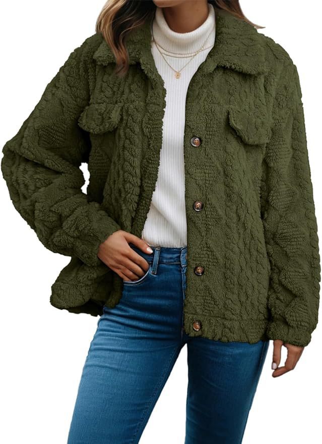 Cable Textured Fleece Button Front Jacket - Green
