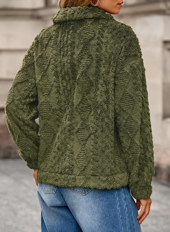 Cable Textured Fleece Button Front Jacket - Green - 1