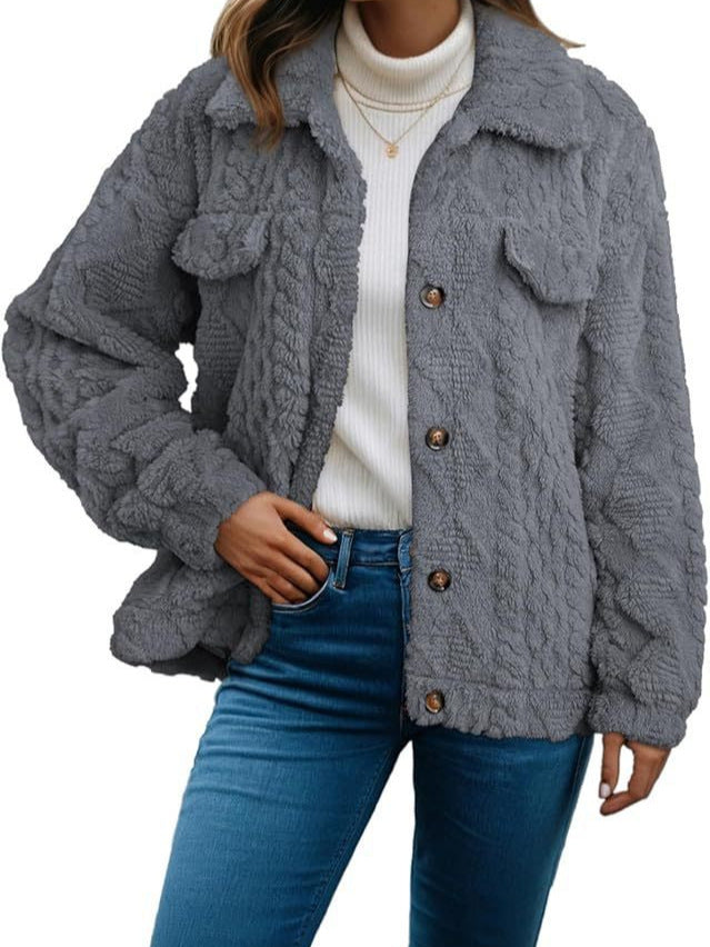 Cable Textured Fleece Button Front Jacket - Grey