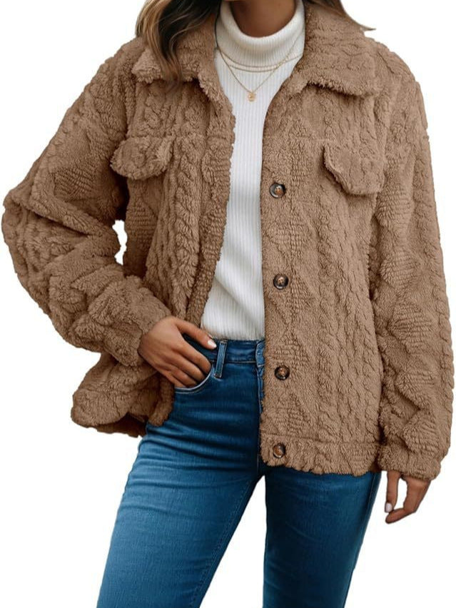 Cable Textured Fleece Button Front Jacket - Khaki