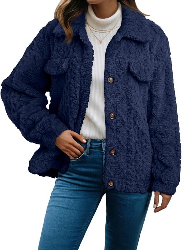 Cable Textured Fleece Button Front Jacket - NavyBlue
