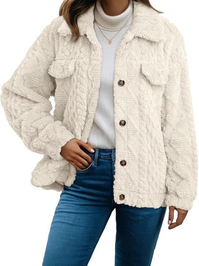 Cable Textured Fleece Button Front Jacket - White