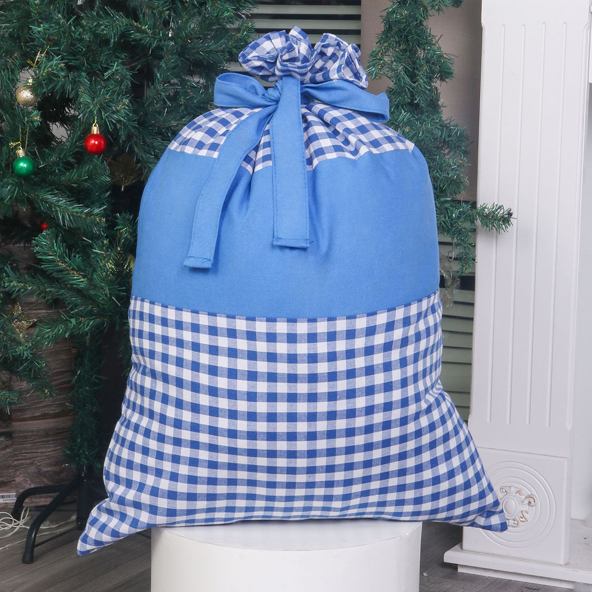 Two-Tone Gingham Drawstring Santa Sack With Bow - Blue