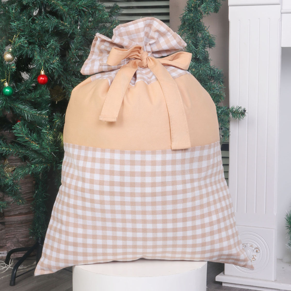 Two-Tone Gingham Drawstring Santa Sack With Bow - Khaki